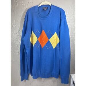Vintage Lands End Mens Argyle Sweater Orange Blue Yellow Round Neck Size XL